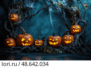 Jack-o'-lanterns illuminate the dark with their eerie glow, nestled among twisted vines and cobwebs for Halloween's festive atmosphere. Стоковое AI-изображение, AI-художник Данила Большаков / Фотобанк Лори