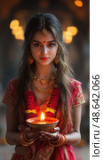 A young woman dressed in vibrant traditional clothing holds a glowing oil lamp while celebrating amidst soft evening lights and decorations. Стоковое AI-изображение, AI-художник Данила Большаков / Фотобанк Лори