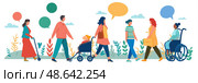 A variety of individuals stroll through a vibrant park, interacting and enjoying a pleasant day while pushing strollers and using assistive devices. Стоковое AI-изображение, AI-художник Данила Большаков / Фотобанк Лори