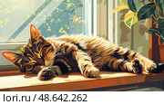 A striped cat rests comfortably on a windowsill, basking in warm sunlight while surrounded by green plants, creating a peaceful ambiance. Стоковое AI-изображение, AI-художник Данила Большаков / Фотобанк Лори
