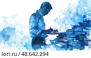 A man diligently writes notes at a desk cluttered with books, immersed in a creative moment in a serene indoor environment. Стоковое AI-изображение, AI-художник Данила Большаков / Фотобанк Лори