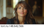 A woman with expressive brown eyes and soft features sits confidently, exuding charm and approachability in a beautifully decorated room. Стоковое AI-изображение, AI-художник Данила Большаков / Фотобанк Лори