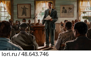 A man stands confidently at a podium, addressing a captivated audience in a historic civil rights meeting, evoking deep engagement and reflection. Стоковое AI-изображение, AI-художник Данила Большаков / Фотобанк Лори