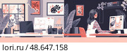 The artwork contrasts a bright, organized office with a cozy evening workspace, featuring a woman engaged in her tasks. Стоковое AI-изображение, AI-художник Данила Большаков / Фотобанк Лори