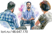 A man passionately speaks while seated, sharing his experiences with two attentive listeners in a warm and inviting environment. Стоковое AI-изображение, AI-художник Данила Большаков / Фотобанк Лори