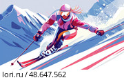 A skilled skier carves down a snowy slope, showcasing agility and speed against a stunning backdrop of snow-covered mountains under clear skies. Стоковое AI-изображение, AI-художник Данила Большаков / Фотобанк Лори