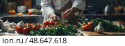 A chef skillfully gathers herbs while surrounded by fresh tomatoes, garlic, and greens, creating a lively atmosphere in the busy kitchen. Стоковое AI-изображение, AI-художник Данила Большаков / Фотобанк Лори