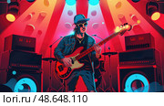 The musician captivates the audience, showcasing skillful bass playing while surrounded by vibrant lights and powerful amplifiers. Стоковое AI-изображение, AI-художник Данила Большаков / Фотобанк Лори