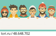 A cheerful group of six young adults poses together, holding a blank banner, celebrating friendship and diversity in a lighthearted atmosphere. Стоковое AI-изображение, AI-художник Данила Большаков / Фотобанк Лори