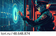 A police officer examines digital screens filled with data and graphics while monitoring security systems in a high-tech environment. Стоковое AI-изображение, AI-художник Данила Большаков / Фотобанк Лори