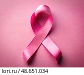 Pink October concept | Pink ribbon on pink background, breast cancer awareness month in October, world cancer day, national cancer survivor day. Стоковое AI-изображение, AI-художник Анна Сивакова / Фотобанк Лори