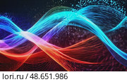 Vibrating waves of color flow and intertwine in a dynamic representation of movement and light against a dark background. Background for the designer. Стоковое AI-видео, аниматор Оксана Медведева / Фотобанк Лори