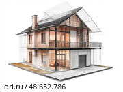 Modern glass-fronted house design merges elegance and comfort in a serene environment. Стоковое AI-изображение, AI-художник Михаил Коханчиков / Фотобанк Лори