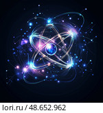 Atom with rotating electrons, energy and matter concept background. Стоковое AI-изображение, AI-художник Михаил Коханчиков / Фотобанк Лори