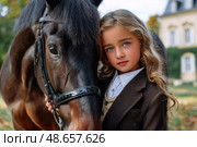 A young girl is standing next to a horse, wearing a brown jacket. Стоковое AI-изображение, AI-художник Ярославский Максим / Фотобанк Лори