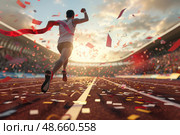 An athlete sprints past the finish line, celebrating victory amid confetti and cheers at a track event during sunset. Стоковое AI-изображение, AI-художник Данила Большаков / Фотобанк Лори