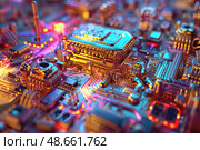 A detailed view of a vibrant circuit board covered with intricate electronic components, highlighted by captivating colorful lights. Стоковое AI-изображение, AI-художник Данила Большаков / Фотобанк Лори