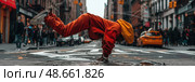 A talented breakdancer executes a stunning move on a bustling street in New York City, drawing attention from passersby. Стоковое AI-изображение, AI-художник Данила Большаков / Фотобанк Лори