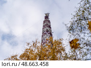 An imposing tower stands tall amidst vibrant autumn foliage under a cloudy sky, showcasing the seasonal transition in the countryside. Стоковое фото, фотограф Данила Большаков / Фотобанк Лори