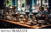 pourover coffeeshop table ai generated. Стоковое AI-изображение, AI-художник Vectorwin / Фотобанк Лори