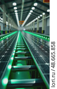 A clean energy factory, solar panels being assembled on a conveyor belt, with green lighting accents symbolizing sustainability. Стоковое AI-видео, аниматор Sergey Grishin / Фотобанк Лори
