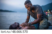 Soldier performing cpr on drowning victim at dusk on beach. Стоковое AI-изображение, AI-художник Юрий Поздников / Фотобанк Лори