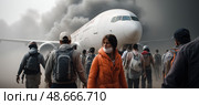 Refugees escaping burning airplane after war or terrorist attack. Стоковое AI-изображение, AI-художник Юрий Поздников / Фотобанк Лори