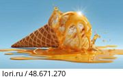 Hyperrealistic Melting Ice Cream on Waffle Cone, Juicy Drips and Glossy Reflections in Summer Sunlight, Vibrant Food Illustration. Гиперреалистичное тающее мороженое на вафельном рожке, сочные капли и глянцевые отражения в летнем солнечном свете, яркая иллюстрация еды. Стоковое AI-изображение, AI-художник Katsiaryna Repich / Фотобанк Лори