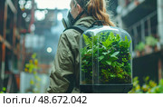 A futuristic survivalist wears a backpack greenhouse in a post-apocalyptic setting symbolizing sustainability and portable ecosystems. Стоковое AI-изображение, AI-художник Ольга Сухарева / Фотобанк Лори