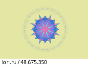 Decorative geometric mandala with purple sixteen-pointed star. Modern abstract violet and pink symmetric ornament on pale yellow background. Стоковое фото, фотограф Константин Григорьев / Фотобанк Лори