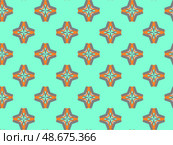 Aqua menthe background pattern from simple orange and gray figures. Geometric seamless design template with minimal symmetric ornament. Creative raster pattern in sea green and mint blue color. Стоковая иллюстрация, иллюстратор Константин Григорьев / Фотобанк Лори