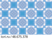 Blue background pattern from the cruciform cloud figures. Geometric seamless design template with simple symmetric ornament. square airy ornament for greeting card, fabric print, scrapbooking. Стоковая иллюстрация, иллюстратор Константин Григорьев / Фотобанк Лори