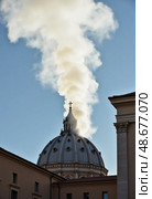 White smoke rises from the Sistine Chapels dome, signaling the election of a new pope, set against a stunning blue sky Generative AI. Стоковое AI-изображение, AI-художник Юлия Петровская / Фотобанк Лори