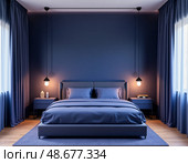 Soft blue hues envelop this stylish bedroom, featuring a plush bed and contemporary furnishings. Ambient lighting enhances the calm feel, ideal for unwinding and restful nights Generative AI. Стоковое AI-изображение, AI-художник Юлия Петровская / Фотобанк Лори