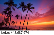 ocean sunsets palm trees ai generated. Стоковое AI-изображение, AI-художник Vectorwin / Фотобанк Лори