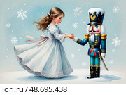 Young caucasian girl in white dress engages with nutcracker in snowy wonderland. Стоковое AI-изображение, AI-художник Башкирова Анна / Фотобанк Лори