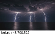 Dramatic lightning strikes illuminating dark stormy sky over ocean. Стоковое AI-видео, аниматор KATERINA AI / Фотобанк Лори