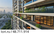 A high-rise apartment building with a rooftop terrace, offering panoramic views of the city skyline and modern living among downtown. Стоковое AI-видео, аниматор Sergey Grishin / Фотобанк Лори