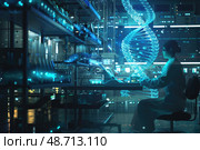 A scientist examines DNA sequences while surrounded by high-tech lab equipment in a dark, illuminated environment. Стоковое AI-изображение, AI-художник Данила Большаков / Фотобанк Лори