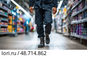 Security guard walking through supermarket aisles patrolling for shoplifters. Стоковое AI-изображение, AI-художник Юрий Поздников / Фотобанк Лори
