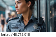 Serious policewoman guarding and observing urban environment. Стоковое AI-изображение, AI-художник Юрий Поздников / Фотобанк Лори
