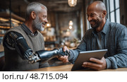 Two businessmen shaking hands, one with prosthetic arm, using tablet in cafe. Стоковое AI-изображение, AI-художник Юрий Поздников / Фотобанк Лори