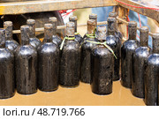 Бутылки с дорогим вином, которые хранились под водой. Бутылки, испачканные озерным илом. Стоковое фото, фотограф Evgenia Shevardina / Фотобанк Лори