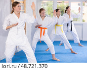 Young female students repeat position and perform sequence of punches and painful techniques kata. Стоковое фото, фотограф Яков Филимонов / Фотобанк Лори