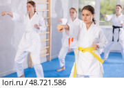Young female students repeat position and perform sequence of punches and painful techniques kata. Стоковое фото, фотограф Яков Филимонов / Фотобанк Лори