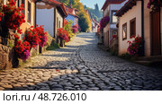 buildings cobblestone road ai generated. Стоковое AI-изображение, AI-художник Vectorwin / Фотобанк Лори