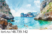 Two individuals wade in clear turquoise waters while surrounded by scenic cliffs and a vibrant sky on a sunny day. Стоковое AI-изображение, AI-художник Данила Большаков / Фотобанк Лори