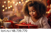 unwrapping child opening christmas gift ai generated. Стоковое AI-изображение, AI-художник Vectorwin / Фотобанк Лори