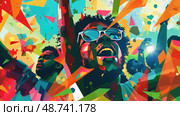 A lively group of festival-goers celebrates with raised arms and joyful expressions amidst colorful confetti in the summer sun. Стоковое AI-изображение, AI-художник Данила Большаков / Фотобанк Лори