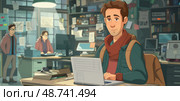 A man sits at a desk with a laptop, surrounded by coworkers and a cluttered creative workspace filled with various projects. Стоковое AI-изображение, AI-художник Данила Большаков / Фотобанк Лори